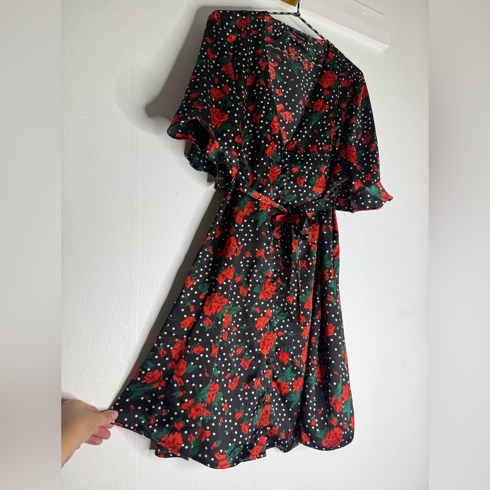 Satin Floral Black and Red Women's Dress